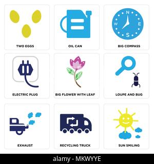 Set Of 9 simple editable icons such as Sun Smiling, Recycling Truck, Exhaust, Loupe and Bug, Big Flower with Leaf, Electric Plug, Compass, Oil Can, Tw Stock Vector