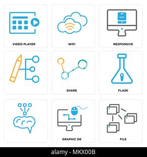 Set Of 9 simple editable icons such as File, Graphic de, Flask, Share, Responsive, Wifi, Video player, can be used for mobile, web Stock Vector