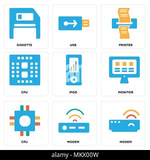Set Of 9 simple editable icons such as Modem, Cpu, Monitor, Ipod, Printer, Usb, Diskette, can be used for mobile, web Stock Vector
