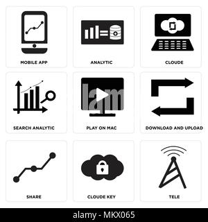 Set Of 9 simple editable icons such as Tele, Cloude key, Share, Download and upload, Play on mac, Search analytic, Cloude, Analytic, Mobile app, can b Stock Vector