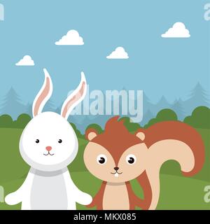 cute rabbit and chipmunk in the field landscape character Stock Vector