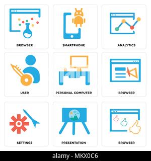 Set Of 9 simple editable icons such as Browser, Presentation, Settings, Personal computer, User, Analytics, Smartphone, can be used for mobile, web Stock Vector