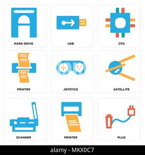 Set Of 9 simple editable icons such as Plug, Printer, Scanner, Satellite, Joystick, Cpu, Usb, Hard drive, can be used for mobile, web Stock Vector
