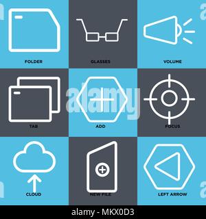 Set Of 9 simple editable icons such as Left arrow, New file, Cloud, Focus, Add, Tab, Volume, Glasses, Folder, can be used for mobile, web Stock Vector
