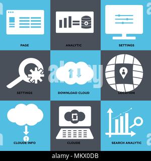 Set Of 9 simple editable icons such as Search analytic, Cloude, Cloude info, Location, Download cloud, Settings, Analytic, Page, can be used for mobil Stock Vector