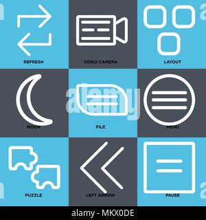 Set Of 9 simple editable icons such as Pause, Left arrow, Puzzle, Menu, File, Moon, Layout, Video camera, Refresh, can be used for mobile, web Stock Vector