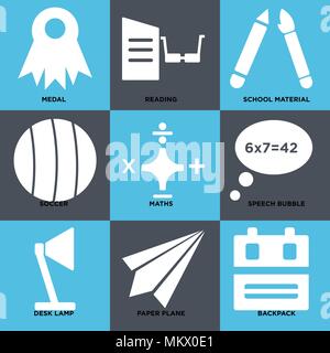 Set Of 9 simple editable icons such as Backpack, Paper plane, Desk lamp, Speech bubble, Maths, Soccer, School material, Reading, Medal, can be used fo Stock Vector