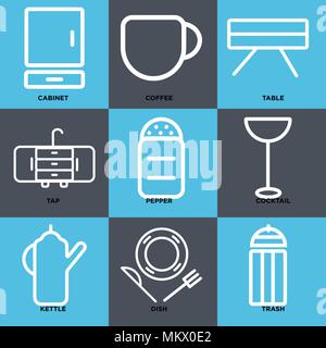 Set Of 9 simple editable icons such as Trash, Dish, Kettle, Cocktail, Pepper, Tap, Table, Coffee, Cabinet, can be used for mobile, web Stock Vector
