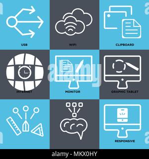 Set Of 9 simple editable icons such as Responsive, Graphic tablet, Monitor, Internet, Clipboard, Wifi, Usb, can be used for mobile, web Stock Vector