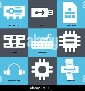Set Of 9 simple editable icons such as Printer, Cpu, Headphones, Keyboard, Server, Sim card, Usb, Projector, can be used for mobile, web Stock Vector