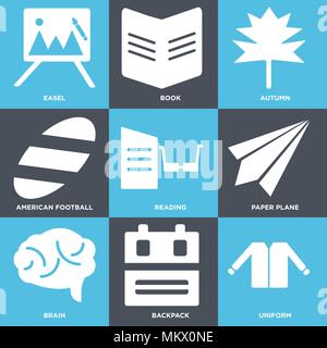 Set Of 9 simple editable icons such as Uniform, Backpack, Brain, Paper plane, Reading, American football, Autumn, Book, Easel, can be used for mobile, Stock Vector