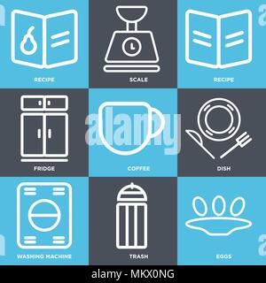 Set Of 9 simple editable icons such as Eggs, Trash, Washing machine, Dish, Coffee, Fridge, Recipe, Scale, can be used for mobile, web Stock Vector