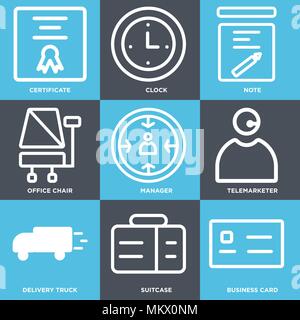 Set Of 9 simple editable icons such as Business card, Suitcase, Delivery truck, Telemarketer, Manager, Office chair, Note, Clock, Certificate, can be  Stock Vector