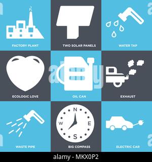 Set Of 9 simple editable icons such as Electric Car, Big Compass, Waste Pipe, Exhaust, Oil Can, Ecologic Love, Water Tap, Two Solar Panels, Factory Pl Stock Vector
