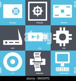 Set Of 9 simple editable icons such as Computer, Printer, Cd, Cpu, Usb, Wifi, Server, Cooler, Power, can be used for mobile, web Stock Vector