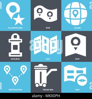 Set Of 9 simple editable icons such as Map, Trash bin, Destination, Mailbox, Globe, Placeholder, can be used for mobile, web Stock Vector