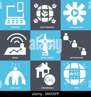 Set Of 9 simple editable icons such as Web, Household, Vigilante, Networking, Wind energy, Roof, Automation, Eco friendly, Devices, can be used for mo Stock Vector