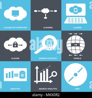 Set Of 9 simple editable icons such as Disc, Search analytic, Analytic, World, statistic, Cloude, Cloudes, Cloude on computer, can be used for mobile, Stock Vector