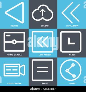 Set Of 9 simple editable icons such as Share, Pause, Video camera, Clock, Left arrow, Photo Upload, Rewind, can be used for mobile, web Stock Vector