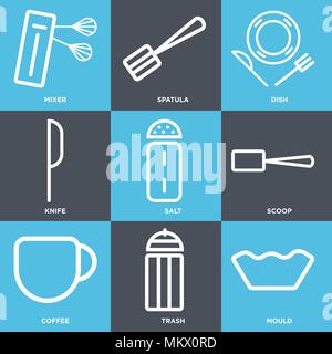 Set Of 9 simple editable icons such as Mould, Trash, Coffee, Scoop, Salt, Knife, Dish, Spatula, Mixer, can be used for mobile, web Stock Vector