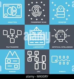 Set Of 9 simple editable icons such as Robots, Cpu, Bunker, Artificial intelligence, Laboratory, File transfer, Monster, Fingerprint scan, Analytics,  Stock Vector