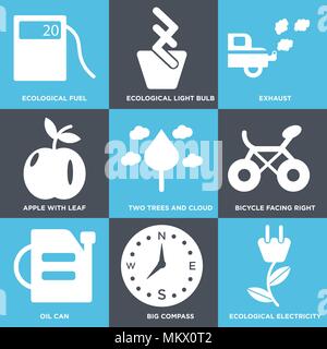 Set Of 9 simple editable icons such as Ecological Electricity, Big Compass, Oil Can, Bicycle Facing Right, Two Trees and Cloud, Apple with Leaf, Exhau Stock Vector
