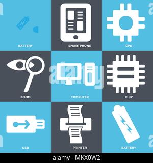 Set Of 9 simple editable icons such as Battery, Printer, Usb, Chip, Computer, Zoom, Cpu, Smartphone, can be used for mobile, web Stock Vector