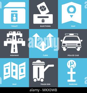Set Of 9 simple editable icons such as Parking, Trash bin, Map, Police car, Turn, Highway, Elections, Toilet, can be used for mobile, web Stock Vector