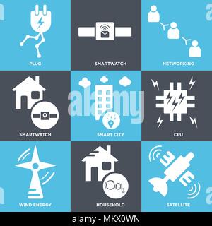 Set Of 9 simple editable icons such as Satellite, Household, Wind energy, Cpu, Smart city, Smartwatch, Networking, Plug, can be used for mobile, web Stock Vector