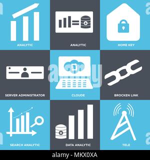 Set Of 9 simple editable icons such as Tele, Data analytic, Search Brocken link, Cloude, Server administrator, Home key, Analytic, can be used for mob Stock Vector