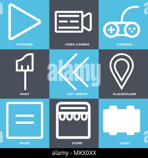 Set Of 9 simple editable icons such as Video, Store, Pause, Placeholder, Left arrow, Paint, Gamepad, Video camera, Forward, can be used for mobile, we Stock Vector