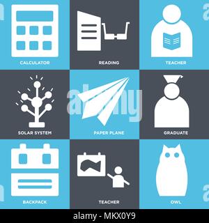 Set Of 9 simple editable icons such as Owl, Teacher, Backpack, Graduate, Paper plane, Solar system, Reading, Calculator, can be used for mobile, web Stock Vector