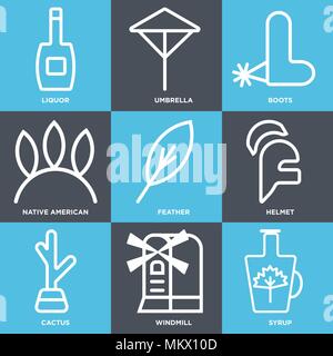 Set Of 9 simple editable icons such as Syrup, Windmill, Cactus, Helmet, Feather, Native american, Boots, Umbrella, Liquor, can be used for mobile, web Stock Vector