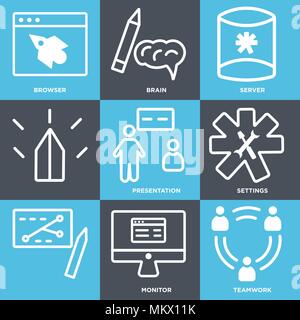 Set Of 9 simple editable icons such as Teamwork, Monitor, Settings, Presentation, Server, Brain, Browser, can be used for mobile, web Stock Vector