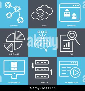 Set Of 9 simple editable icons such as Video player, Server, Responsive, File, Pie chart, Browser, Wifi, Settings, can be used for mobile, web Stock Vector