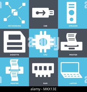 Set Of 9 simple editable icons such as Laptop, Ram, Printer, Cpu, Diskette, Speaker, Usb, Networking, can be used for mobile, web Stock Vector