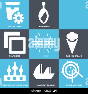 Set Of 9 simple editable icons such as Radar Working, Sailboat Sailing, Cathedral of saint basil, Two Ice Creams, Inc, Polaroids, Message In a Bottle  Stock Vector