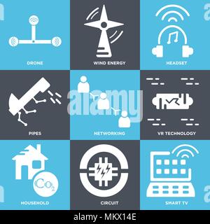 Set Of 9 simple editable icons such as Smart tv, Circuit, Household, VR technology, Networking, Pipes, Headset, Wind energy, Drone, can be used for mo Stock Vector