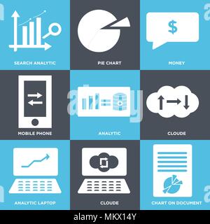 Set Of 9 simple editable icons such as Chart on document, Cloude, Analytic laptop, Analytic, Mobile phone, Money, Pie chart, Search analytic, can be u Stock Vector