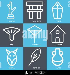 Set Of 9 simple editable icons such as Vase, Feather, Animal, African, Umbrella, Fan, Pope, Torii gate, Cactus, can be used for mobile, web Stock Vector