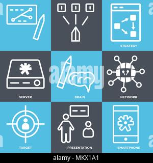 Set Of 9 simple editable icons such as Smartphone, Presentation, Target, Network, Brain, Server, Strategy, , can be used for mobile, web Stock Vector