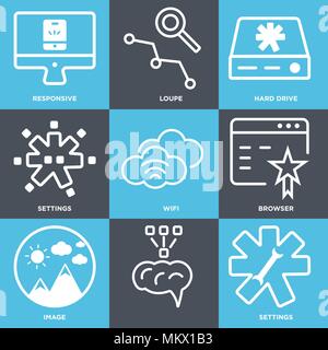 Set Of 9 simple editable icons such as Settings, Image, Browser, Wifi, Hard drive, Loupe, Responsive, can be used for mobile, web Stock Vector