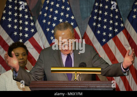 Senate Minority Leader Charles Schumer (D-NY) speaks at a press conference on President Donald Trump's 100th day in office on April 18th, 2017 at the U.S. Capitol in Washington, D.C. Stock Photo