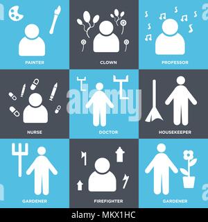 Set Of 9 simple editable icons such as Gardener, Firefighter, housekeeper, Doctor, Nurse, Professor, Clown, Painter, can be used for mobile, web Stock Vector