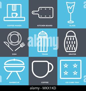 Set Of 9 simple editable icons such as Ice cube tray, Coffee, Barbecue, Grater, Trash, Dish, Glass, Kitchen board, Coffee maker, can be used for mobil Stock Vector