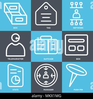 Set Of 9 simple editable icons such as Push pin, Manager, Stats, Box, Suitcase, Telemarketer, Network, Tag, can be used for mobile, web Stock Vector
