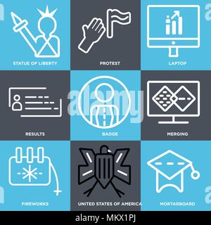 Set Of 9 simple editable icons such as Mortarboard, United states of america, Fireworks, Merging, Badge, Results, Laptop, Protest, Statue liberty, can Stock Vector