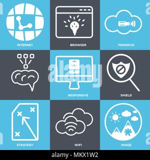 Set Of 9 simple editable icons such as Image, Wifi, Strategy, Shield, Responsive, Pendrive, Browser, Internet, can be used for mobile, web Stock Vector