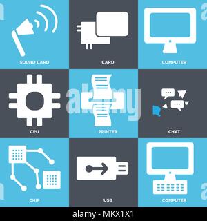 Set Of 9 simple editable icons such as Computer, Usb, Chip, Chat, Printer, Cpu, Card, Sound card, can be used for mobile, web Stock Vector