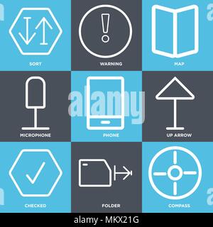 Set Of 9 simple editable icons such as Compass, Folder, Checked, Up arrow, Phone, Microphone, Map, Warning, Sort, can be used for mobile, web Stock Vector